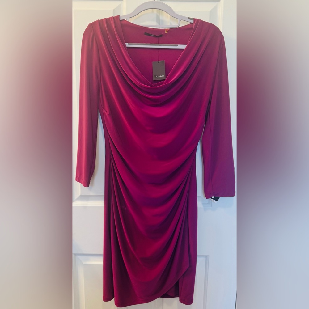 NWT Tahari Magenta/Elderberry/Deep Cranberry Draped Cowl Neck 3/4 Sleeve Dress